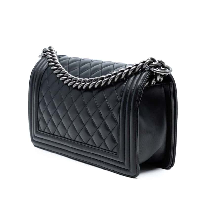 Chanel Old Medium Quilted Lambskin Boy Flap Black Leather Good condition - Back View