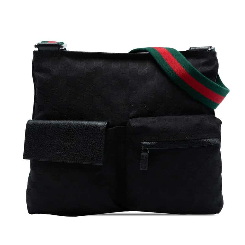 Gucci GG Canvas Web Double Pocket Crossbody Black Canvas Good condition - Front View