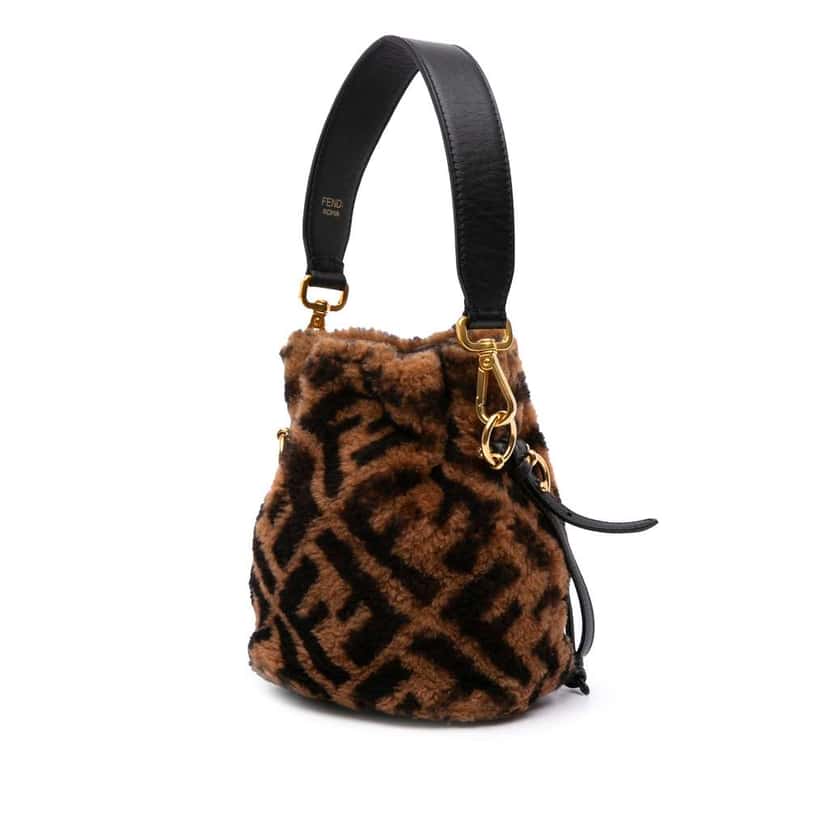 Fendi Mini Zucca Shearling Mon Tresor Bucket Bag Brown Good condition - Back View