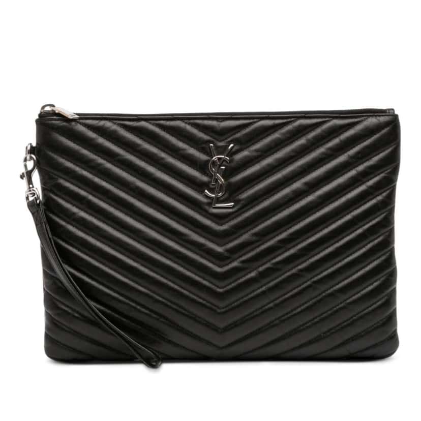 Saint Laurent Quilted Chevron Leather Monogram Document Holder Black Leather Good condition - Front View