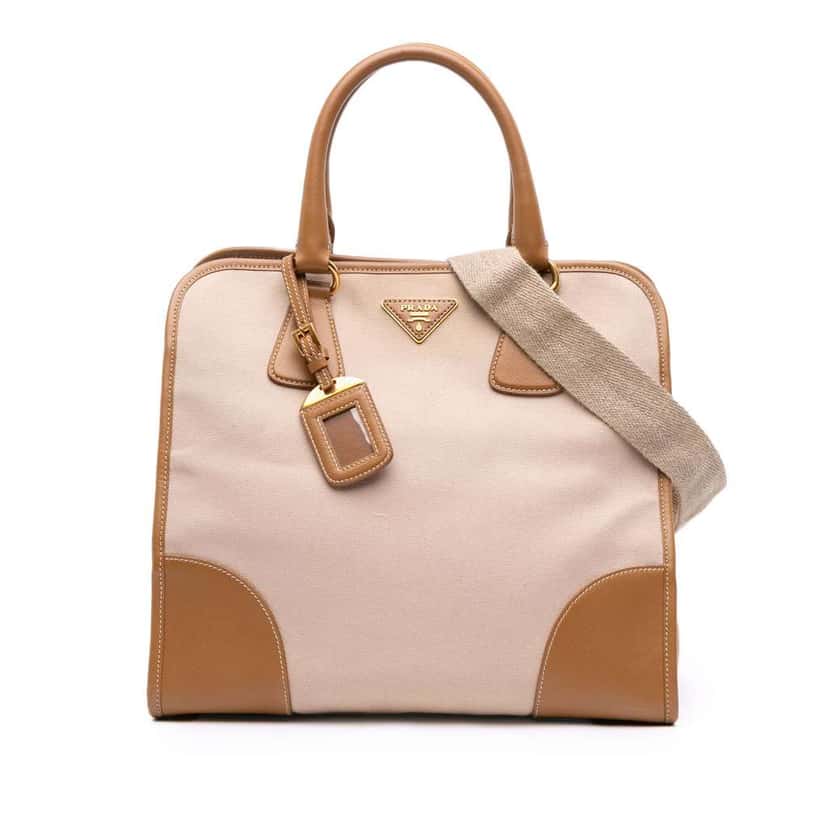 Prada Saffiano Trimmed Canvas Canapa Satchel Brown Canvas Good condition - Front View