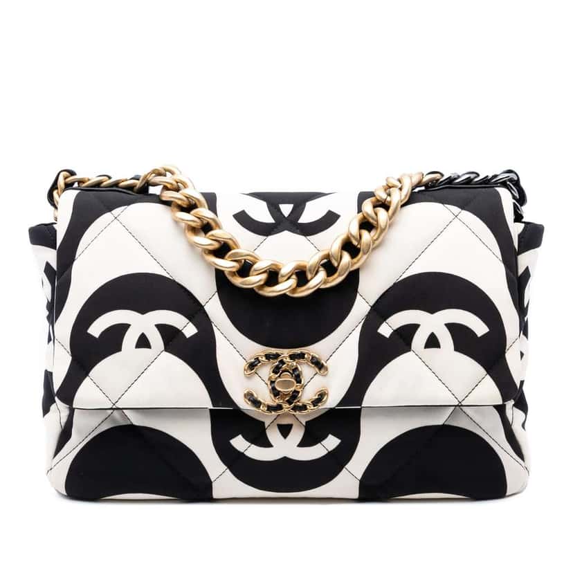 Chanel Large Printed Silk 19 Flap White Silk Very good condition - Front View