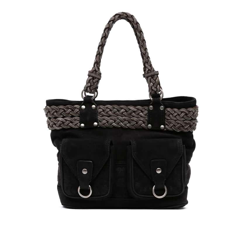 Loewe Suede Braided Chain Pocket Tote Black Leather Good condition - Front View