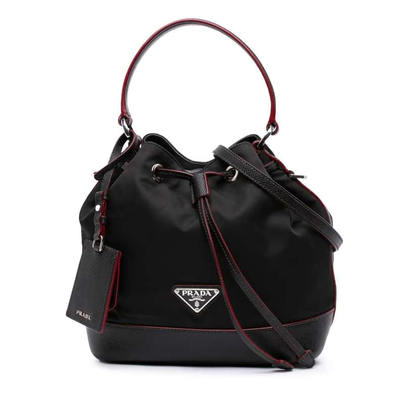 Prada Saffiano Trimmed Tessuto Bucket Bag Black Good condition - Front View