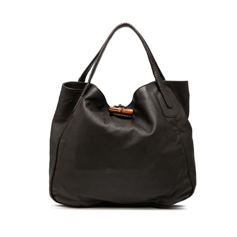 Gucci Large Pebbled Deerskin Bamboo Hip Tote Brown Leather Good condition - Front View