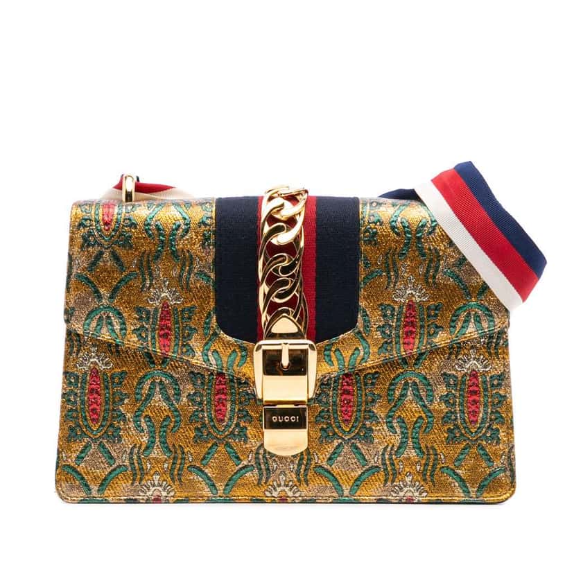 Gucci Small Canvas Brocade Sylvie Satchel Gold Canvas Good condition - Front View