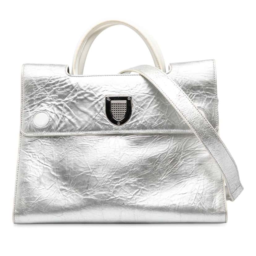 Dior Medium Metallic Crinkled Calfskin Diorever Satchel Silver Leather Good condition - Front View
