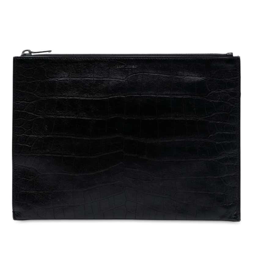 Saint Laurent Croc Embossed Leather Clutch Black Leather Good condition - Front View