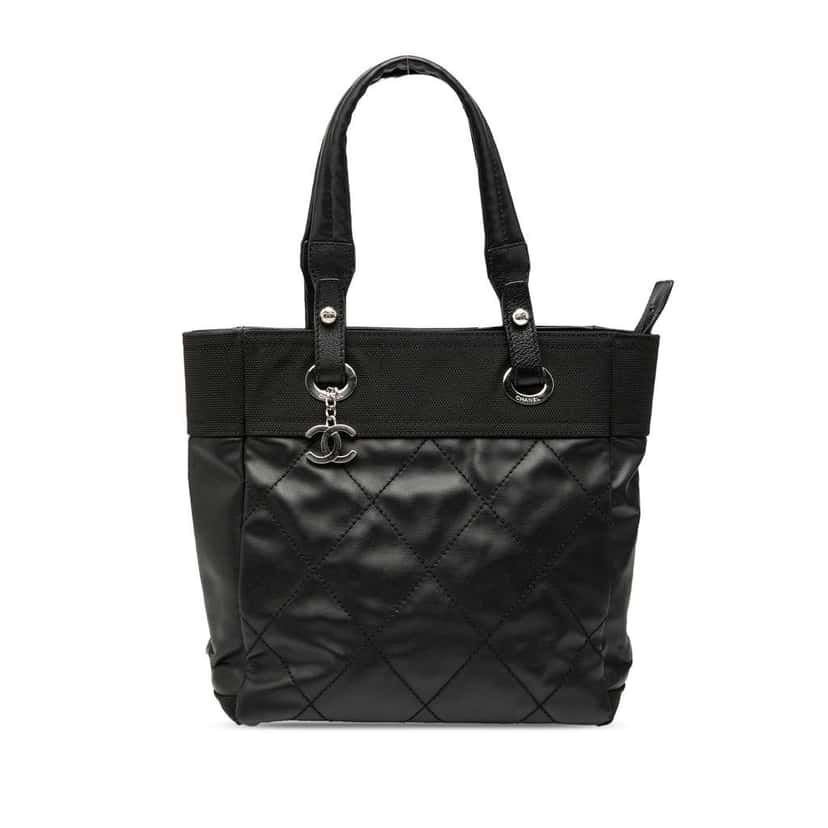 Chanel Small Quilted Coated Canvas Paris Biarritz Tote Black Canvas Good condition - Front View