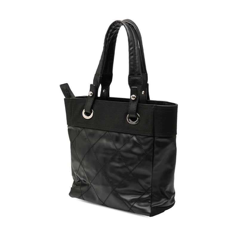 Chanel Small Quilted Coated Canvas Paris Biarritz Tote Black Canvas Good condition - Back View
