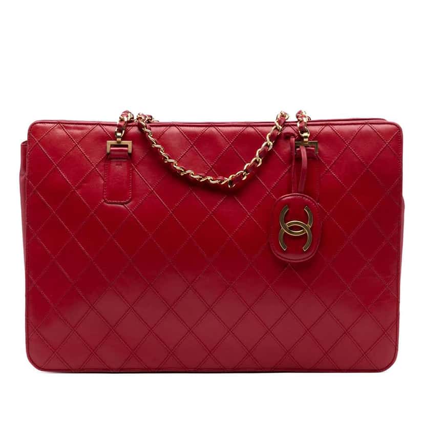 Chanel CC Quilted Lambskin Chain Tote Red Leather Good condition - Front View