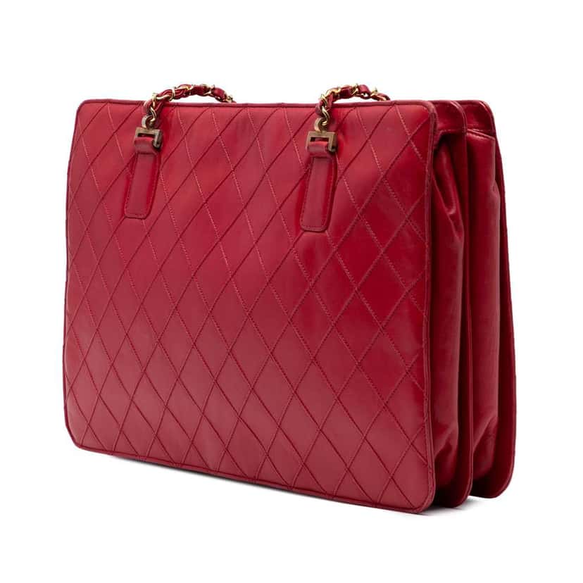 Chanel CC Quilted Lambskin Chain Tote Red Leather Good condition - Back View