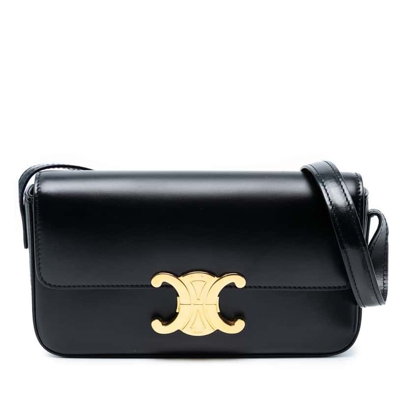 Celine Shiny Calfskin Triomphe Claude Shoulder Bag Black Leather Good condition - Front View