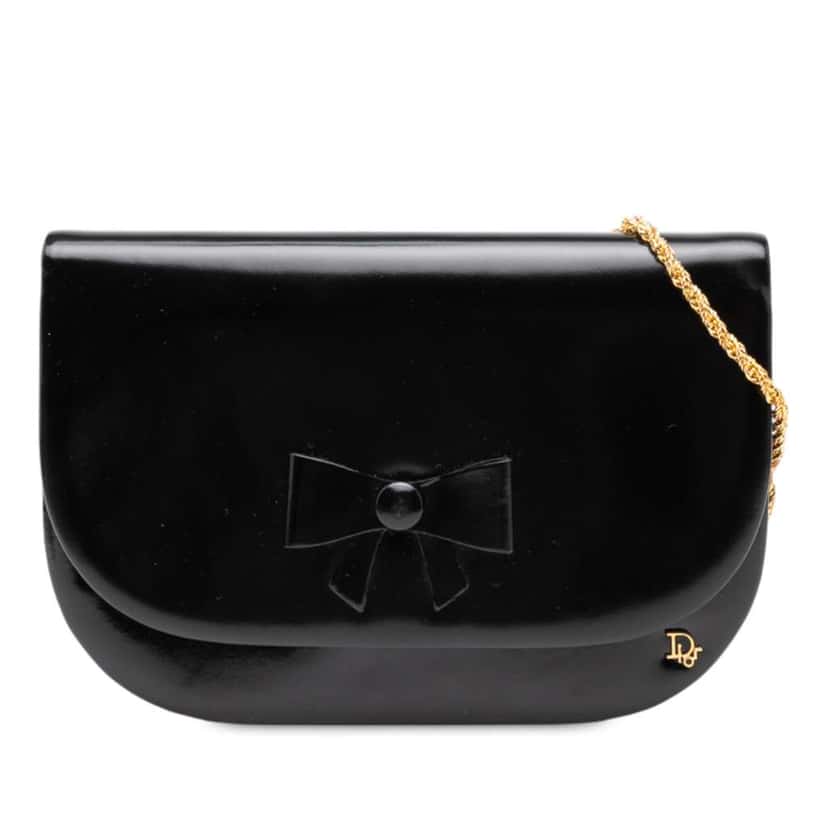 Dior Shiny Calfskin Bow Shoulder Bag Black Leather Good condition - Front View