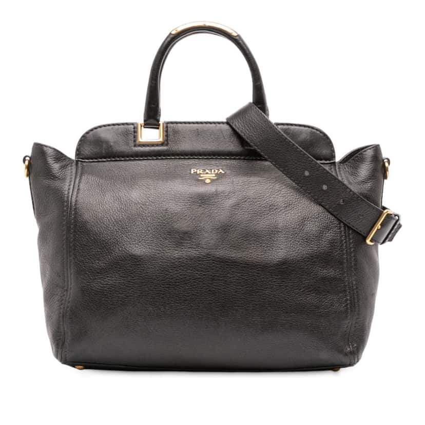 Prada Vitello Daino Frame Convertible Tote Black Leather Good condition - Front View