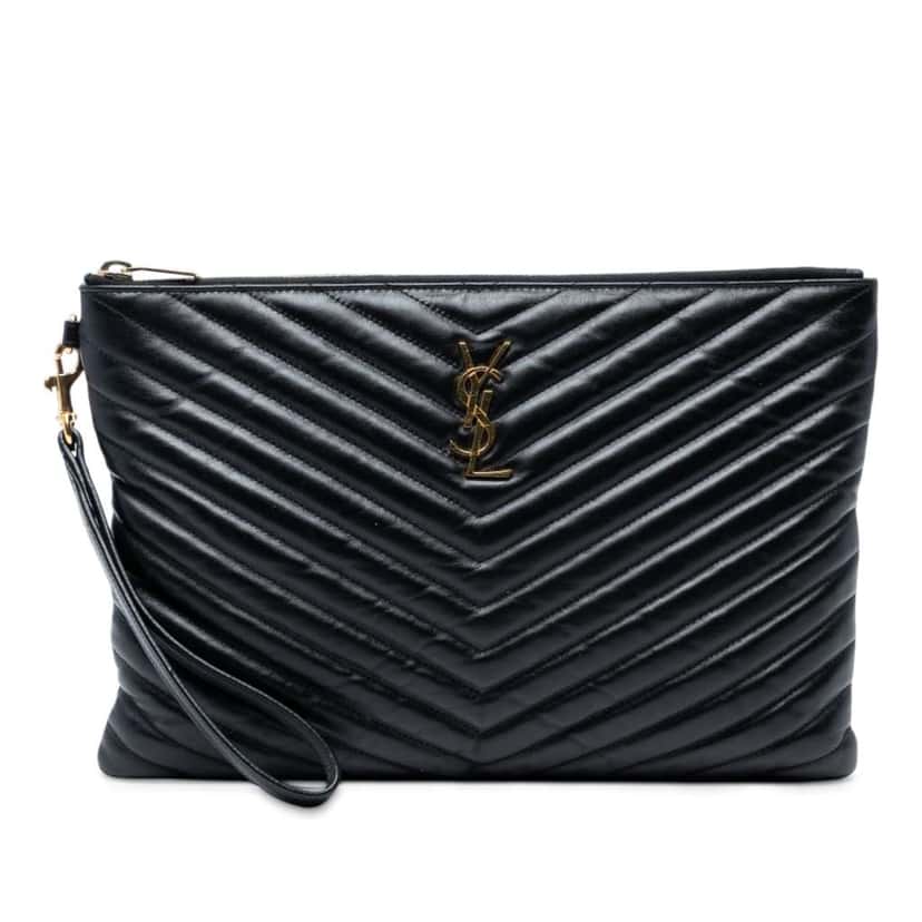 Saint Laurent Quilted Chevron Leather Monogram Document Holder Black Leather Good condition - Front View