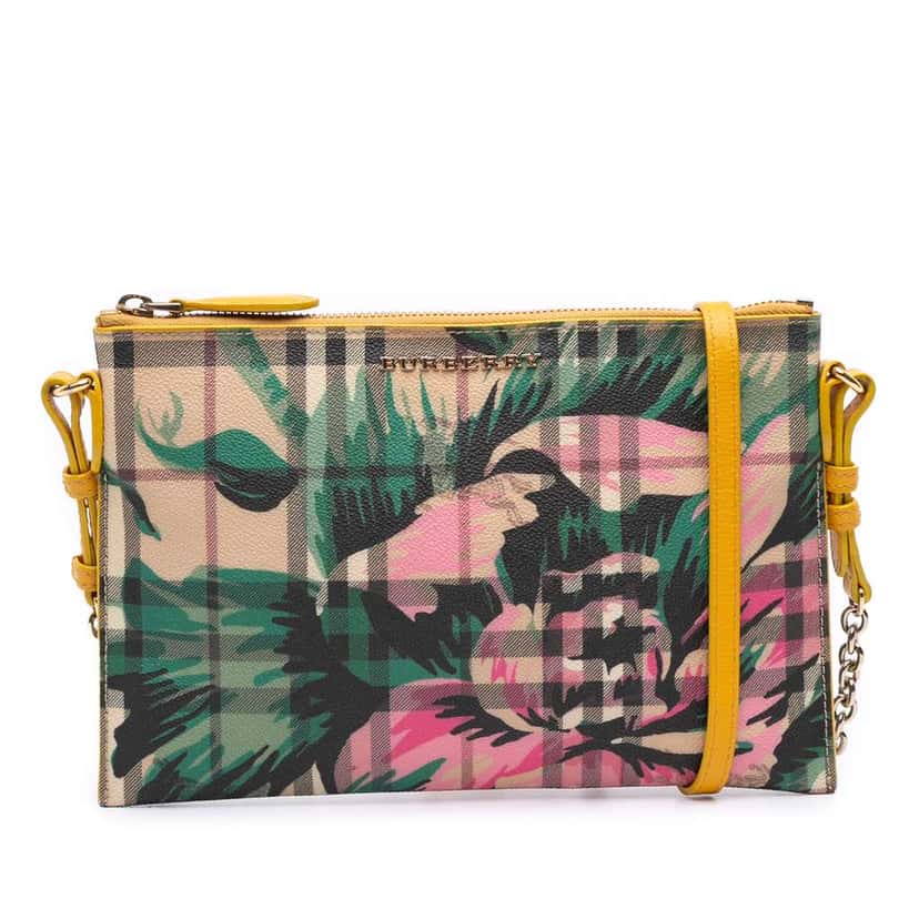 Burberry Haymarket Check Coated Canvas Floral Print Crossbody Brown Canvas Good condition - Front View