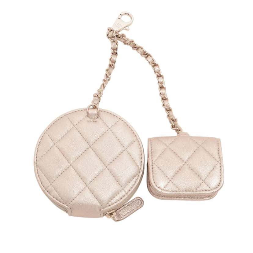 Chanel Quilted Metallic Lambskin Round Clip On Coin Purse and Airpods Case Gold Leather Very good condition - Back View