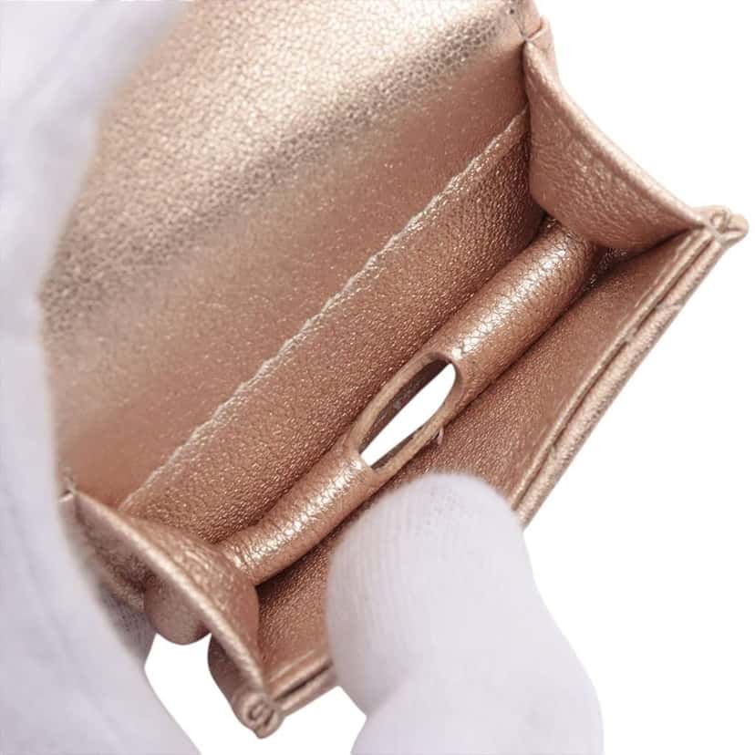 Chanel Quilted Metallic Lambskin Round Clip On Coin Purse and Airpods Case Gold Leather Very good condition - Inside View