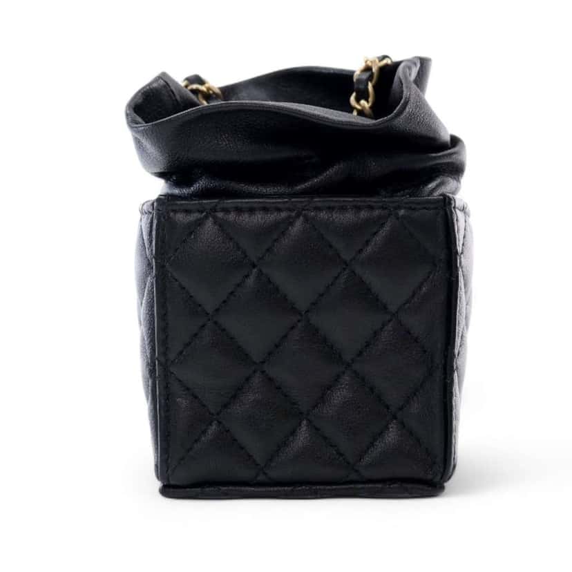 Chanel Mini Quilted Calfskin Drawstring Bucket Bag Black Leather Good condition - Back View