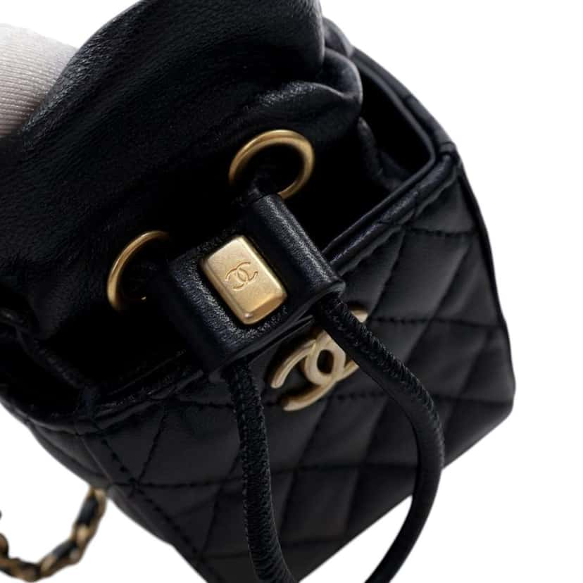 Chanel Mini Quilted Calfskin Drawstring Bucket Bag Black Leather Good condition - Box View