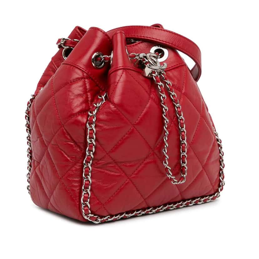 Chanel Aged Calfskin Chain Around Drawstring Bucket Red Leather Good condition - Back View