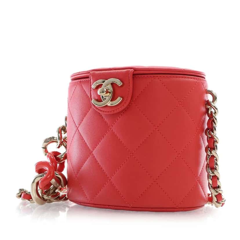Chanel Small Quilted Lambskin Resin Elegant Chain Tubular Vanity Case Red Leather Good condition - Back View