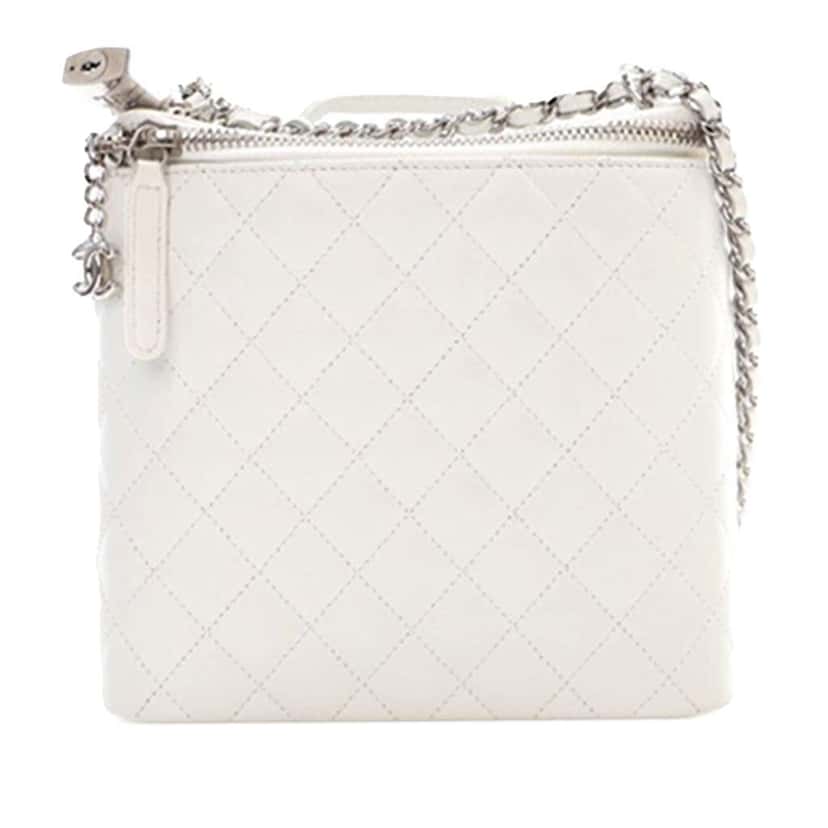 Chanel Large Quilted Lambskin Top Handle Jewelry Box With Chain White Leather Good condition - Front View