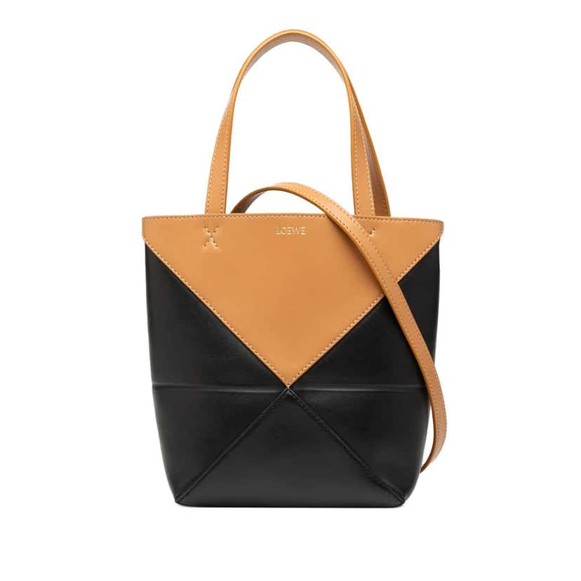 Loewe Mini Bicolor Shiny Calfskin Puzzle Fold Tote Black Leather Good condition - Front View