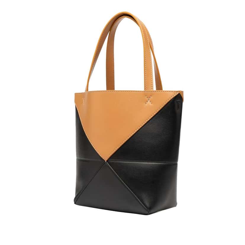 Loewe Mini Bicolor Shiny Calfskin Puzzle Fold Tote Black Leather Good condition - Back View