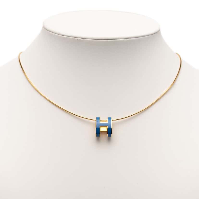 Hermès Gold Plated Enamel Pop H Pendant Necklace Blue Good condition - Front View