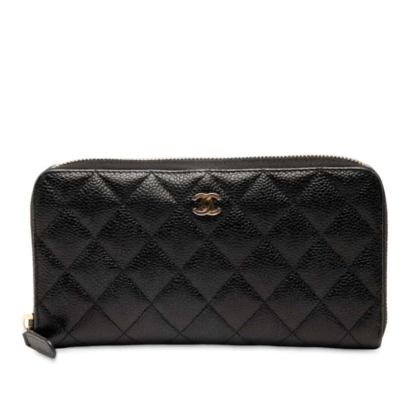 Chanel CC Quilted Caviar Zip Around Long Wallet Black Leather Good condition - Front View
