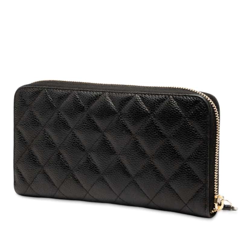 Chanel CC Quilted Caviar Zip Around Long Wallet Black Leather Good condition - Back View