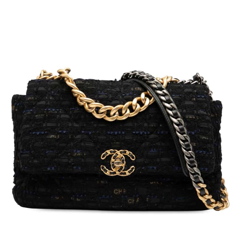 Chanel Large Tweed 19 Flap Black Tweed Good condition - Front View