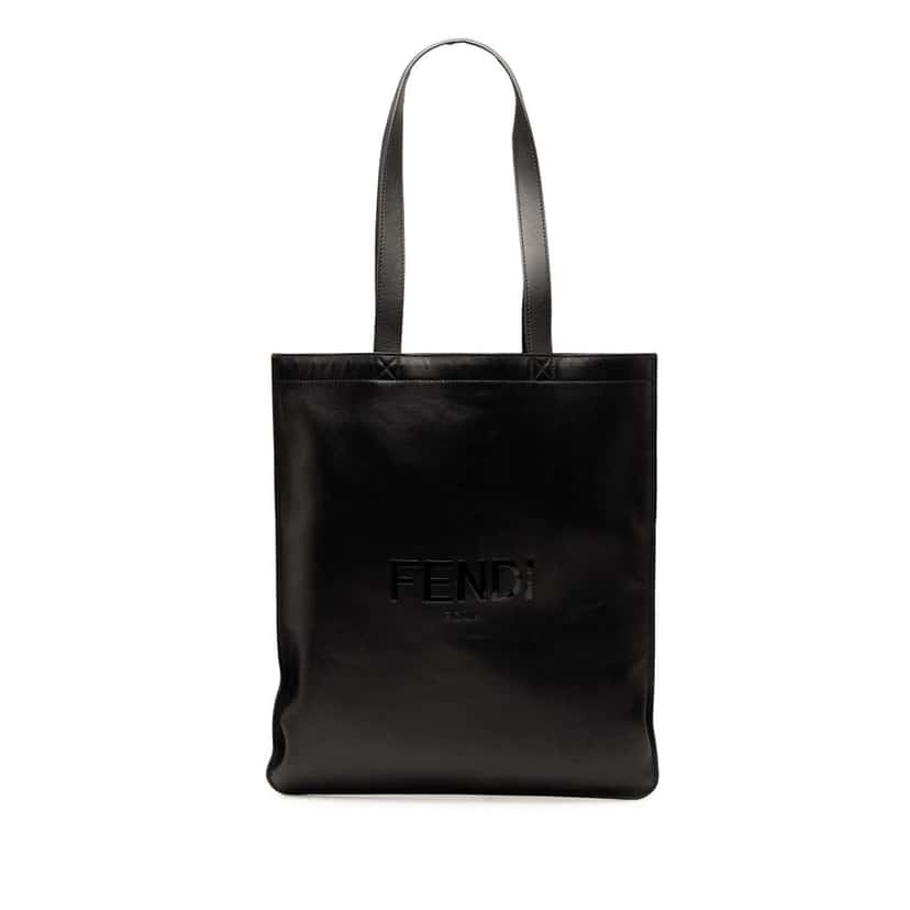 Fendi Embossed Leather Logo Shopper Tote Black Leather Good condition - Front View