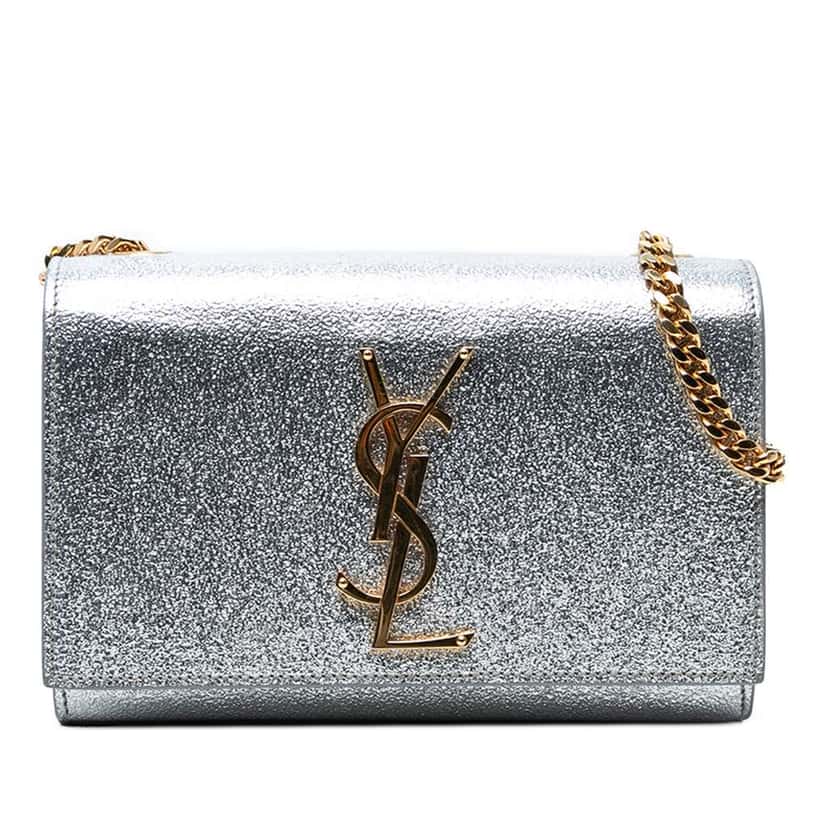 Saint Laurent Small Metallic Calfskin Classic Monogram Kate Crossbody Silver Leather Good condition - Front View
