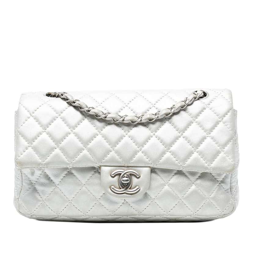 Chanel Medium Classic Lambskin Double Flap Silver Leather Fair condition - Front View