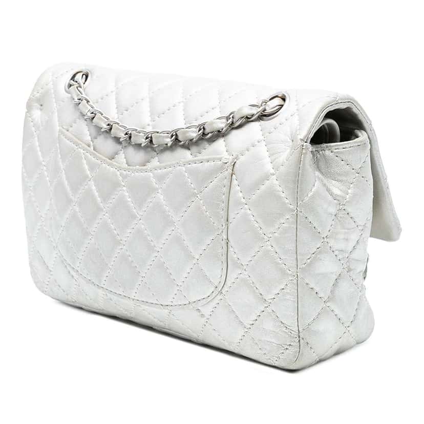 Chanel Medium Classic Lambskin Double Flap Silver Leather Fair condition - Back View