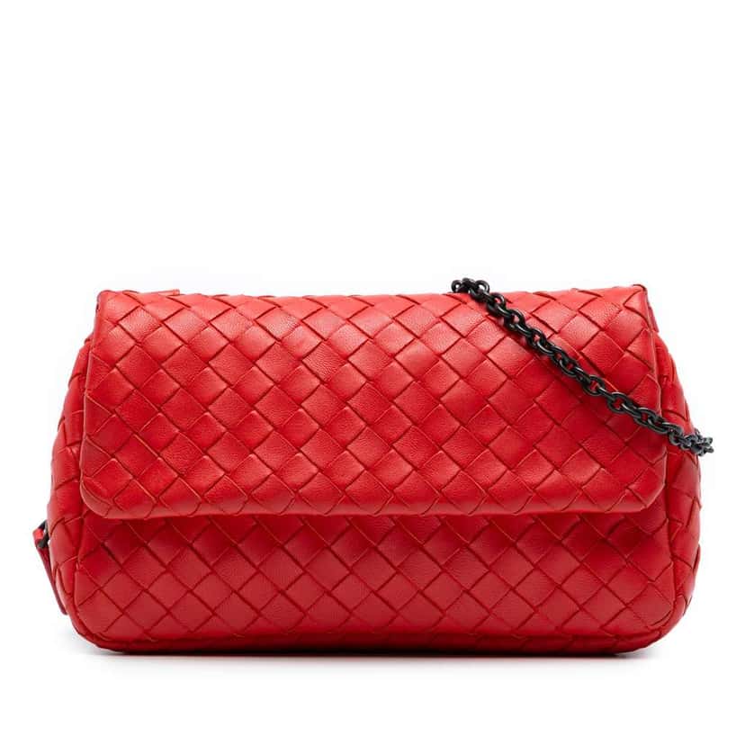 Bottega Veneta Mini Nappa Intrecciato Expandable Chain Crossbody Red Leather Good condition - Front View