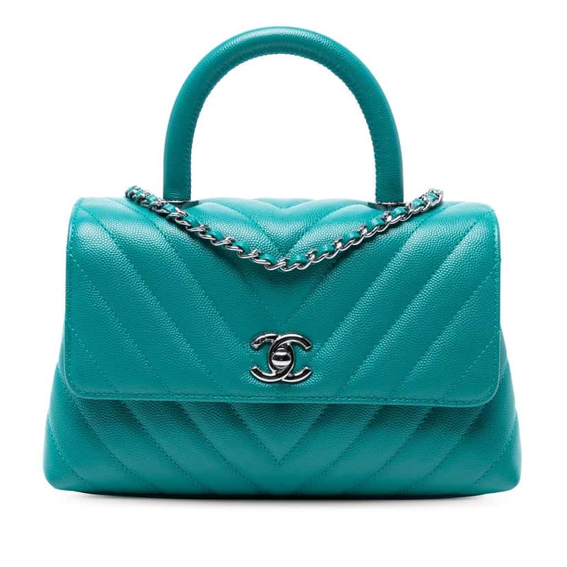 Chanel Mini Chevron Caviar Coco Top Handle Bag Blue Leather Good condition - Front View