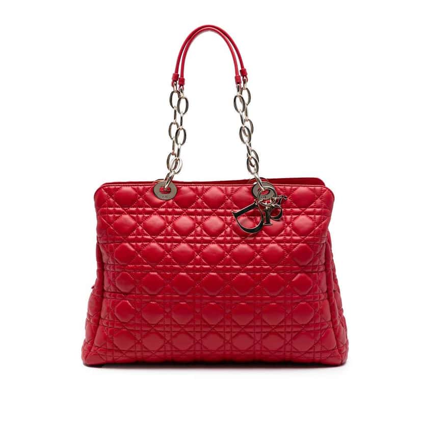 Dior Large Lambskin Cannage Soft Zipped Lady Dior Shopping Tote Red Leather Good condition - Front View
