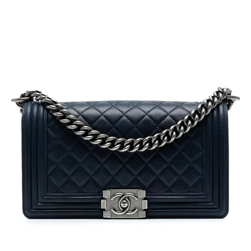 Chanel Old Medium Quilted Lambskin Boy Flap Blue Leather Good condition - Front View