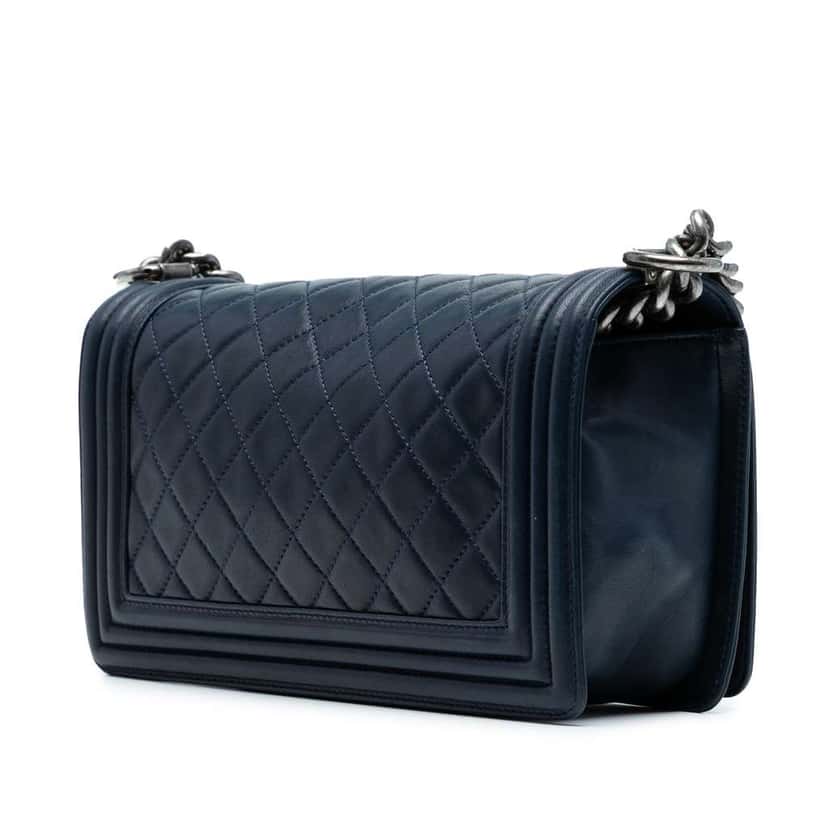 Chanel Old Medium Quilted Lambskin Boy Flap Blue Leather Good condition - Back View