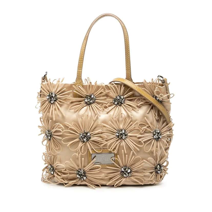 Valentino Floral Embellished Satin Satchel Brown Satin Good condition - Front View