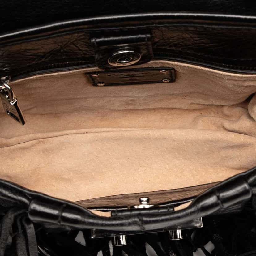 Prada Vitello Shine Fringe Studded Flap Hobo Black Leather Good condition - Model View