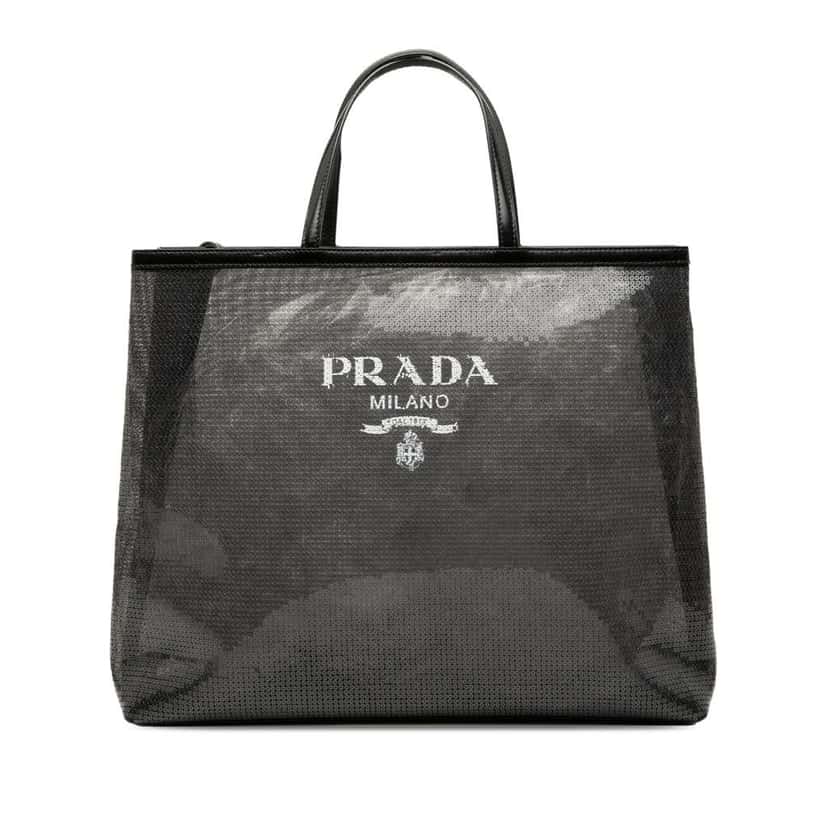 Prada Large Sequined Mesh Logo Tote Black Polyester Very good condition - Front View
