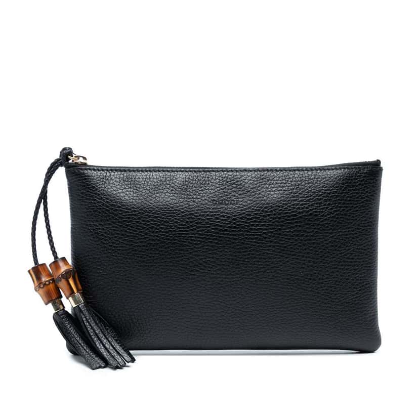 Gucci Calfskin Bamboo Clutch Black Leather Good condition - Front View