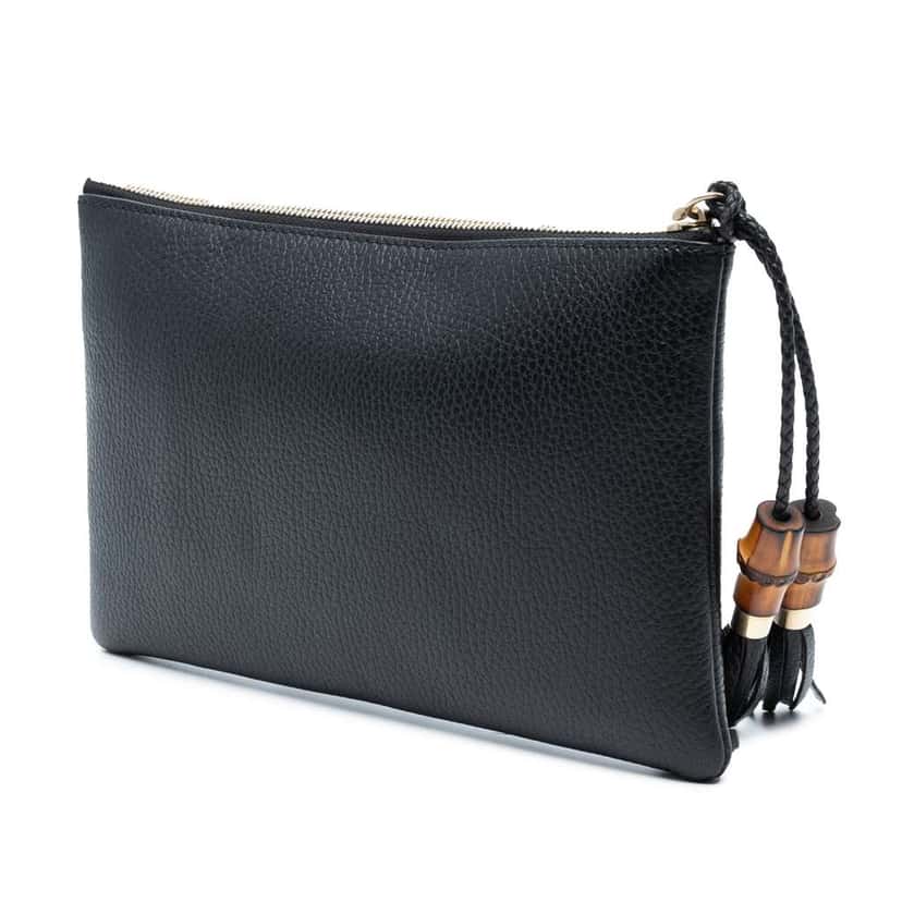 Gucci Calfskin Bamboo Clutch Black Leather Good condition - Back View