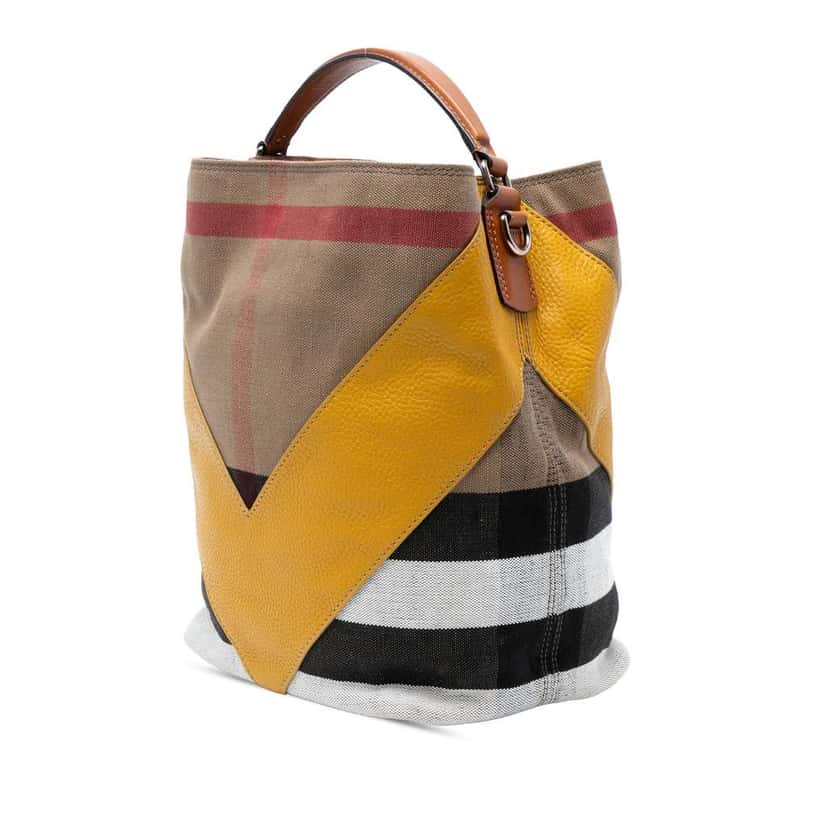 Burberry Medium Mega Check Canvas and Calfskin Chevron Ashby Bucket Brown Canvas Good condition - Back View