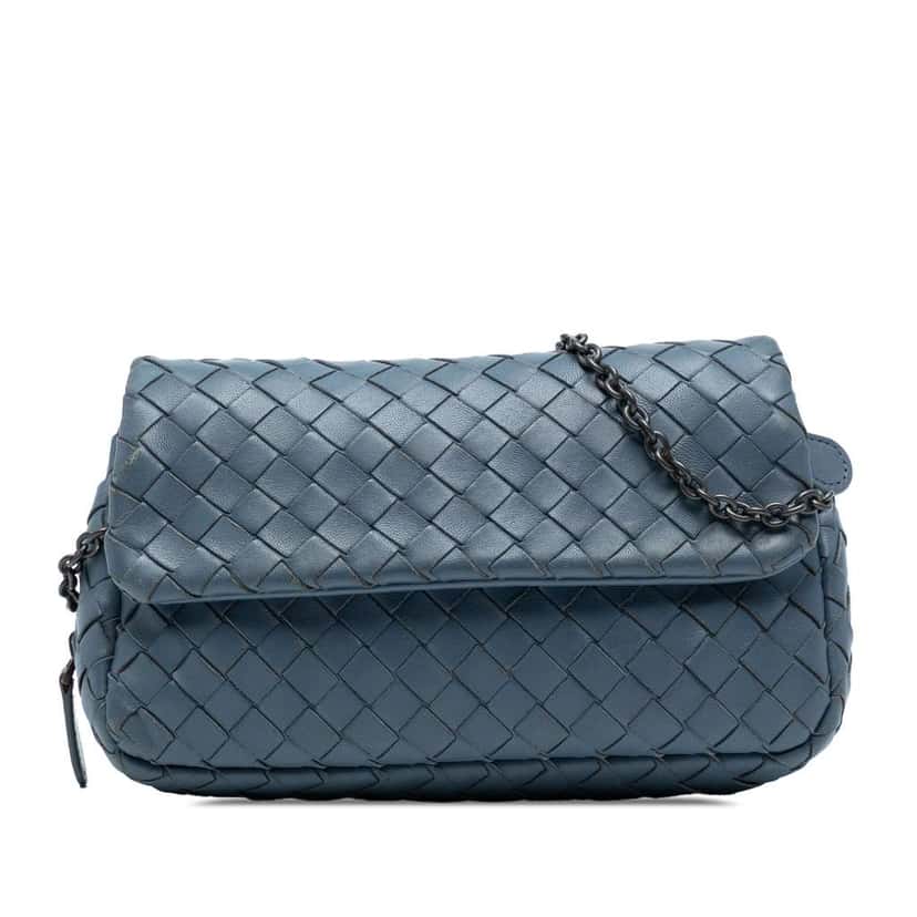 Bottega Veneta Mini Nappa Intrecciato Expandable Chain Crossbody Blue Leather Good condition - Front View